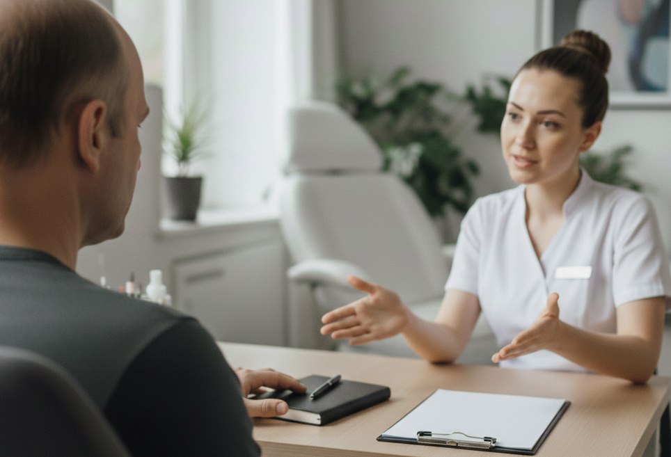 A client asking questions during a free scalp micropigmentation consultation